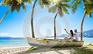 Happy Couple Relaxing on the Ocean. Seychelles island photo