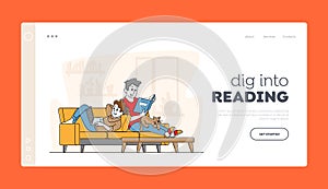 Happy Couple Relaxing Together at Home Landing Page Template. Young Characters Sitting on Sofa with Book and Laptop