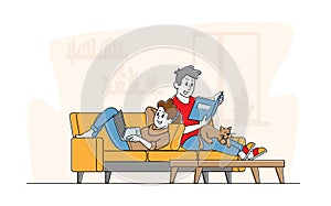 Happy Couple Relaxing Together at Home Sitting on Sofa with Book and Laptop. Male and Female Young Characters on Weekend