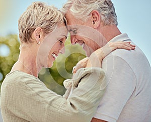 Happy couple, retirement and hug in garden, park and outdoor for love, relax and break together in Australia. Romance