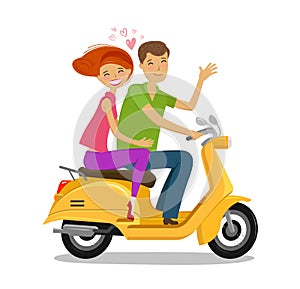 Happy couple riding moped or scooter. Travel, journey concept. Cartoon vector illustration
