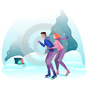 Happy couple riding on the rink. Winter outdoor activities