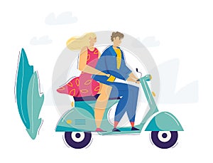 Happy Couple Riding Scooter. Smiling Male and Female Characters Driving Motorbike. Urban Transportation Concept