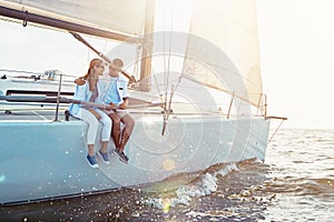Happy couple, ship and cruise for hug, ocean or summer sunshine for love, romance or outdoor adventure. Man, yacht and