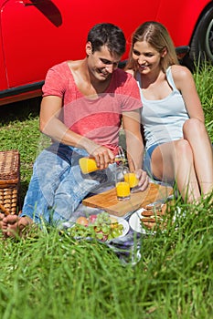 Happy couple sitting on the grass having picnic together