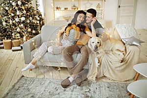 Happy couple is sitting near the bed with a dog, christmas. new year at home. family and date