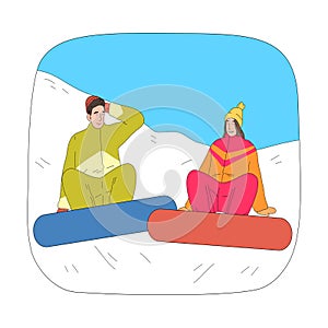 Happy couple sitting on snow and relaxing after successful practicing snowboarding