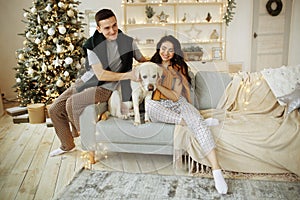 Happy couple is sitting on sofa with dog, christmas. new year at home. family and date