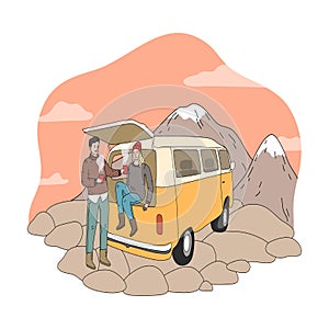 Happy couple sitting on travel truck during mountains trip and drinking hot coffee