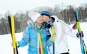 Happy couple skiing