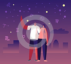 Happy Couple Spend Time Together, Man Hugging Girlfriend by Waist Pointing with Finger on Night Sky Showing Falling Star