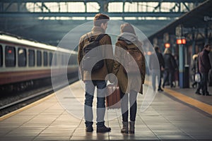 Happy couple is standing at railway station and waiting for arrival of their train. AI Generated