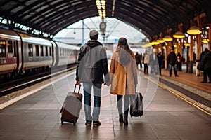 Happy couple is standing at railway station and waiting for arrival of their train. AI Generated