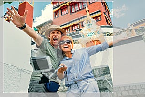 Happy couple take a self photo on the tibetian sight background