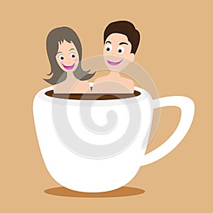 Happy couple taking bath in onsen hot coffee cup, , illus