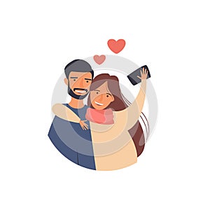 Happy couple taking a romantic selfie. Man and woman are photographed together. Portrait vector illustration