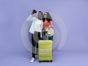 Happy Couple Taking Selfie Before Vacation With Luggage