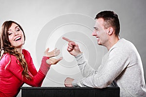 Happy couple talking on date. Conversation.