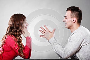 Happy couple talking on date. Conversation.