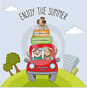 Happy couple with their dog traveling with funny red car. Summer holiday poster