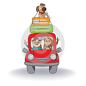 Happy couple with their dog traveling with funny red car. Summer holiday poster