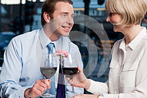 Happy couple toasting red wine