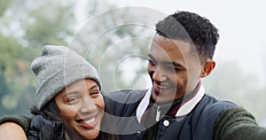Happy couple, travel and selfie in nature for photograph, memory or holiday vacation outdoors. Portrait of man and woman