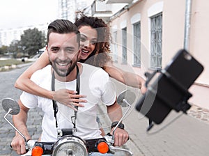 Happy couple traveling on motorcycle.Travel concept