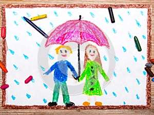 Happy couple under pink umbrella, rainy weather
