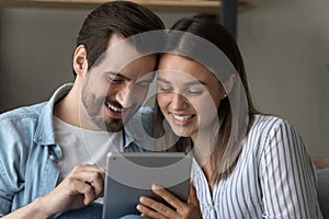 Happy couple use tablet shopping on gadget online