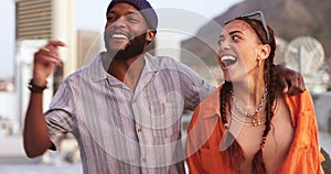 Happy couple, walk and smile conversation in city, travel or holiday together. Black friends laugh, man hold woman and