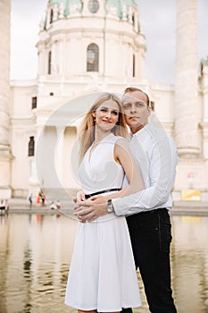 Happy couple walking in the Austria, Viena. They love each other and spent time together