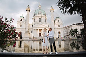 Happy couple walking in the Austria, Viena. They love each other and spent time together