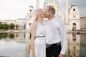 Happy couple walking in the Austria, Viena. They love each other and spent time together