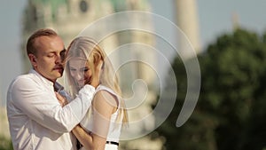 Happy couple walking in the Austria, Viena. They love each other and spent time together