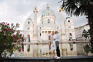 Happy couple walking in the Austria, Vienna. They love each other and spent time together