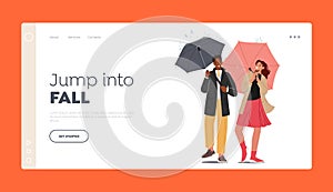 Happy Couple Walking at Fall Landing Page Template. People at Rainy Autumn Weather under Umbrella, Characters Relaxing