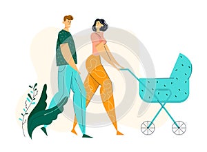 Happy Couple Walking in Park with Pram. Family Walk with Baby Stroller and Newborn. Mother and Father Characters