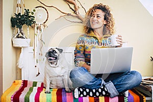 Happy couple woman and funny dog at home sitting on a coloured cover have fun and use technology laptop computer - lockdown and