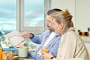 Happy couple working from home and having breakfast together. Breakfast together before leaving for work.