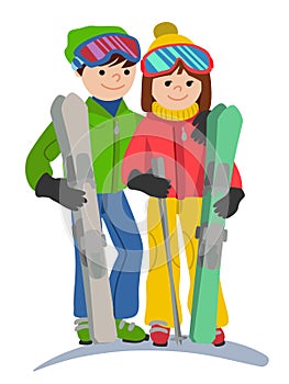 Happy couple of young people man and woman funny skiers in full growth. Vector illustration in a flat design isolated on