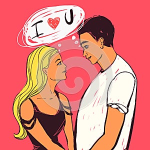 Happy couple, young woman and man looking to each other, I love you text. Vector Valentine`s day illustration.