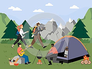 Happy couples hiking, camping, flat vector illustration. Active outdoor tourism and adventure, travel, summer camp.