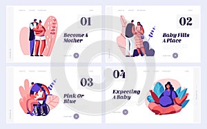 Happy Couples Waiting Baby Website Landing Page Templates Set. Healthy and Disabled Pregnant Women with Husbands. Maternity