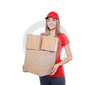 Happy courier with a bunch of boxes isolated on white background