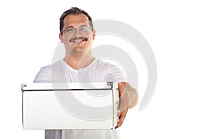 Happy courier with mustache in white t-shirt