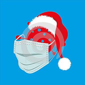 Happy Covid Christmas, coronavirus wearing a santa hat and mask on a blue background