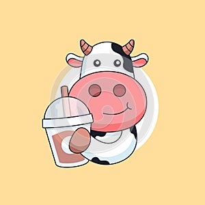 Happy cow holding milk tea drink cup animal mascot cartoon vector illustration