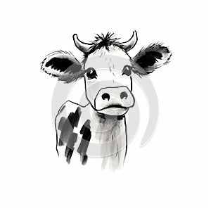 Happy Cow Ink Drawing On White Background