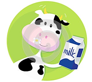 Happy cow with milk box on green background